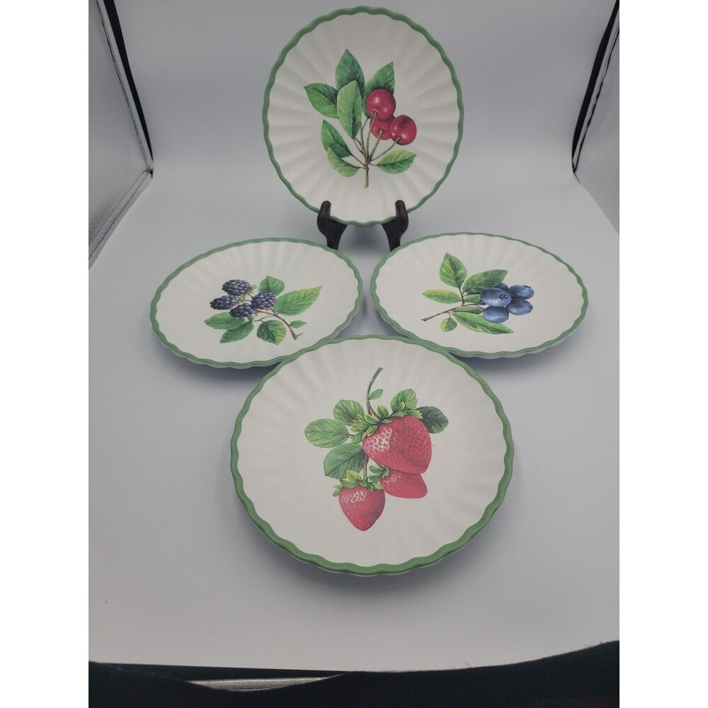 4 Melamine Salad Side Plates FARMHOUSE Cherry Strawberry Bluebry Blackbry Fruit